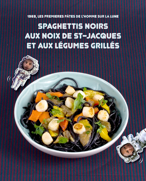 Spaghettis noirs aux legumes grilles et aux st jacques